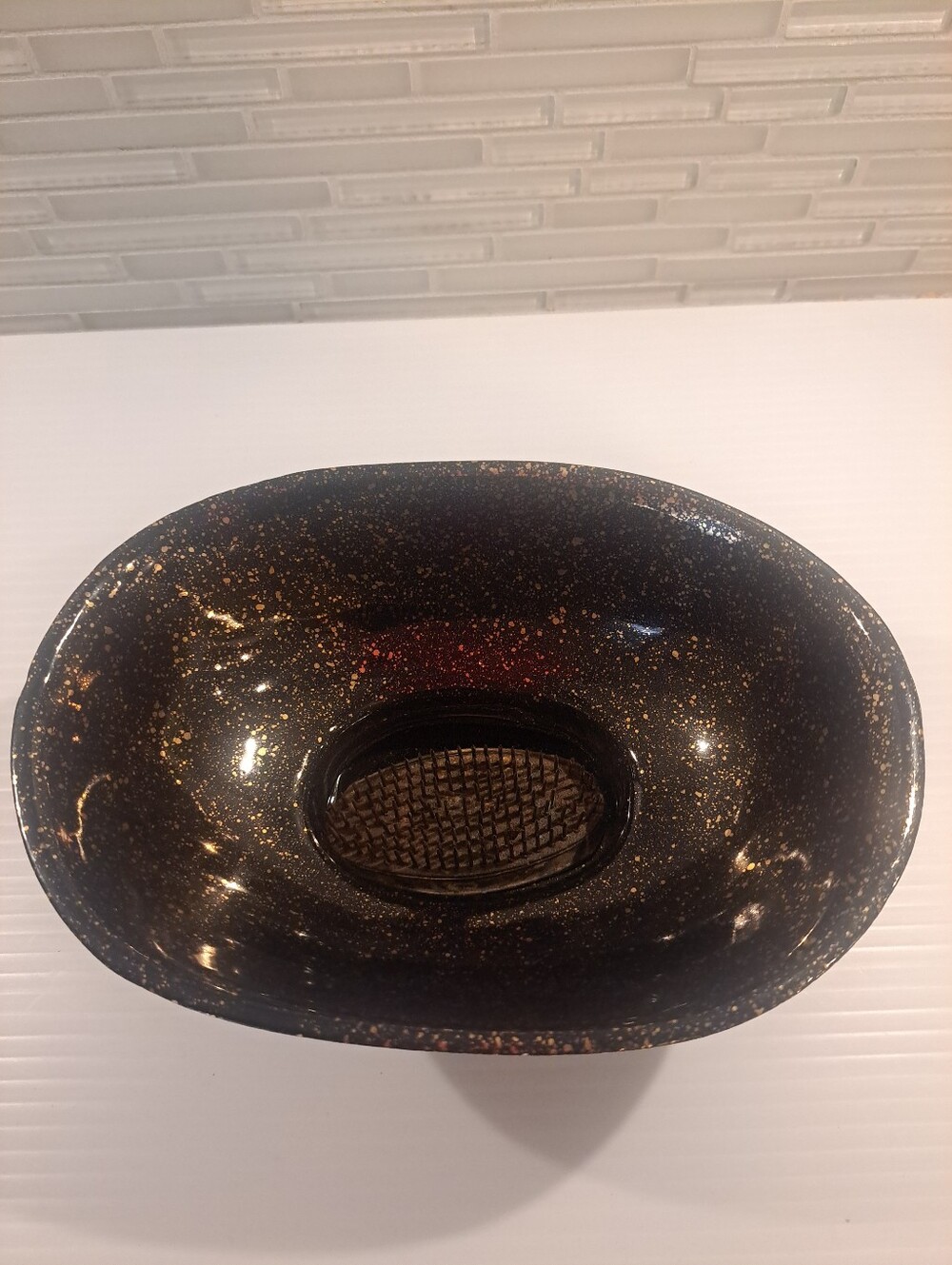 Vtg Maddux of California Planter Pedestal 1950s Oval Black Speckled w Metal Frog